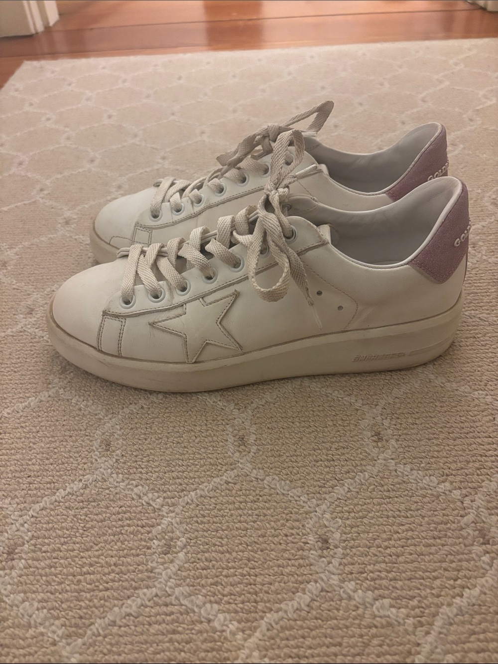 Golden Goose Pure-Star White Leather Sneakers with Pink Heel Tab